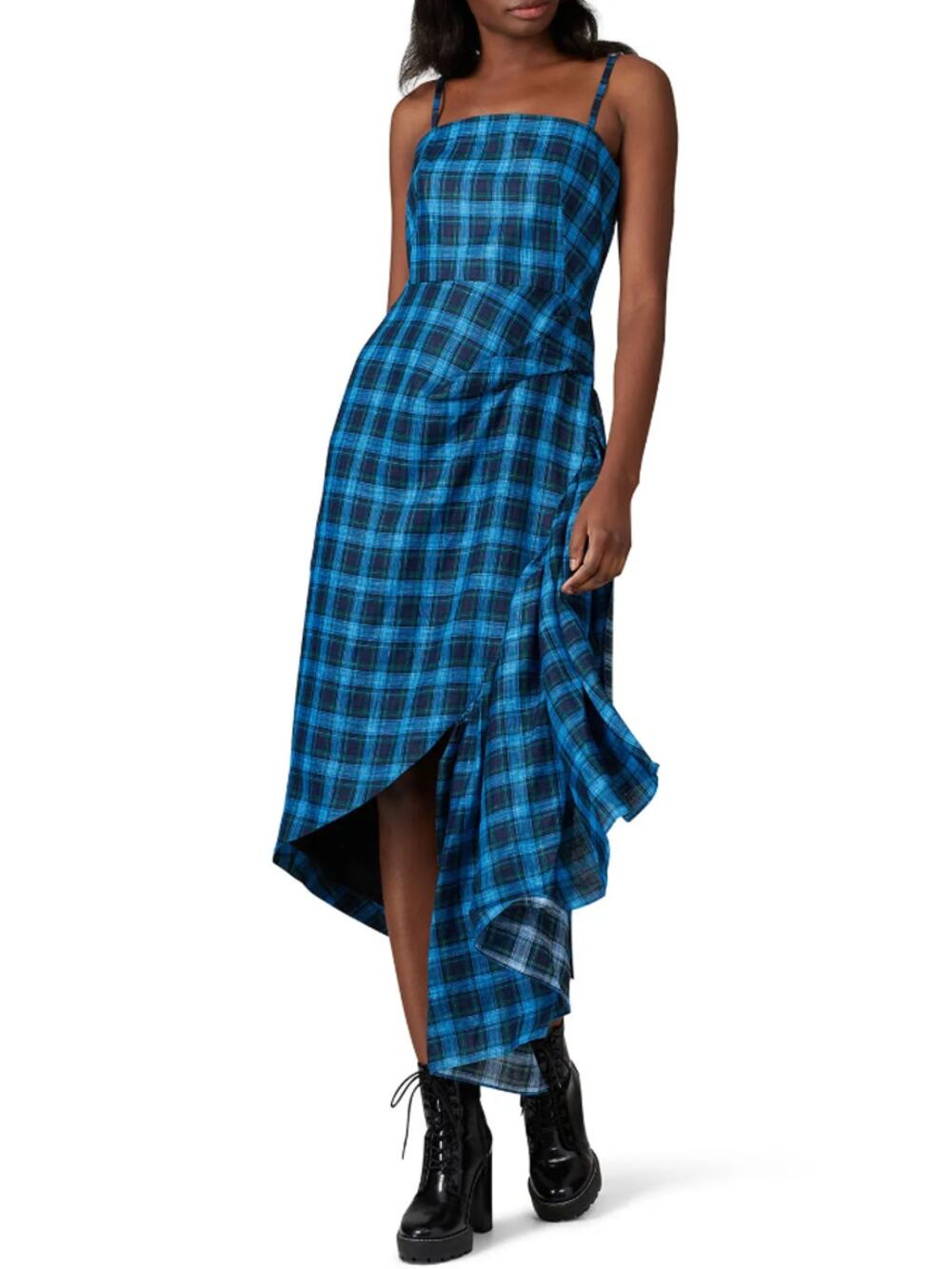 Osman Chantal Gingham Dress Sleeveless Asymmetric Hem Blue Black Womens Size 6